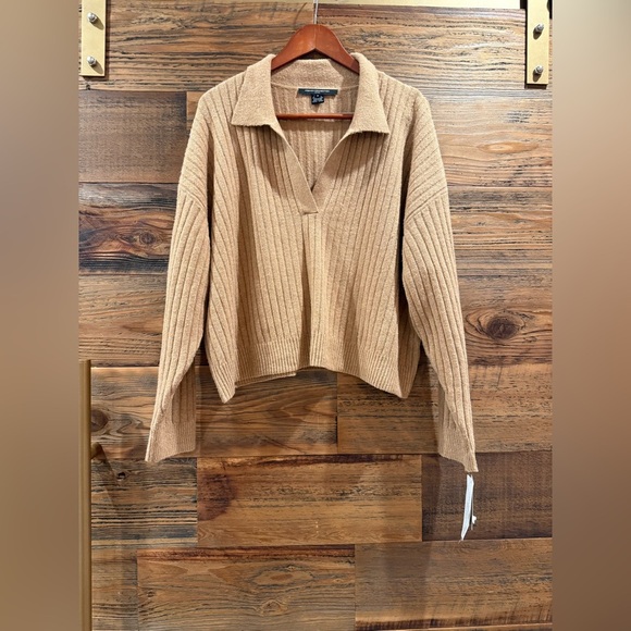 French Connection Tan V-Neck Sweater with Ribbed Knit - Picture 5 of 7